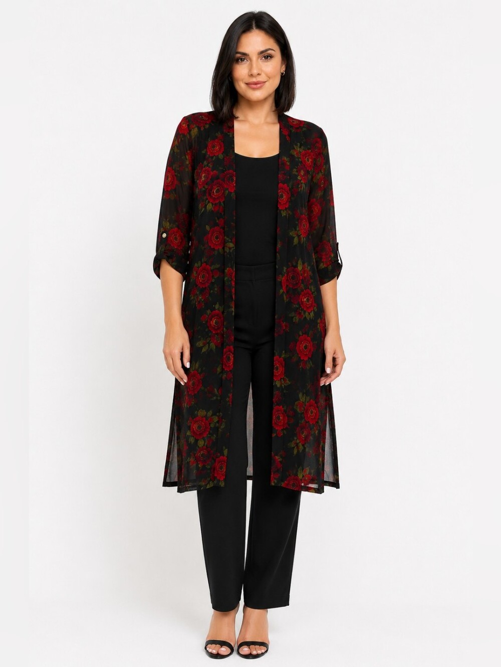 Ember Black Sheer Floral Open Front Kimono Cardigan | Red Rose Print | Size M